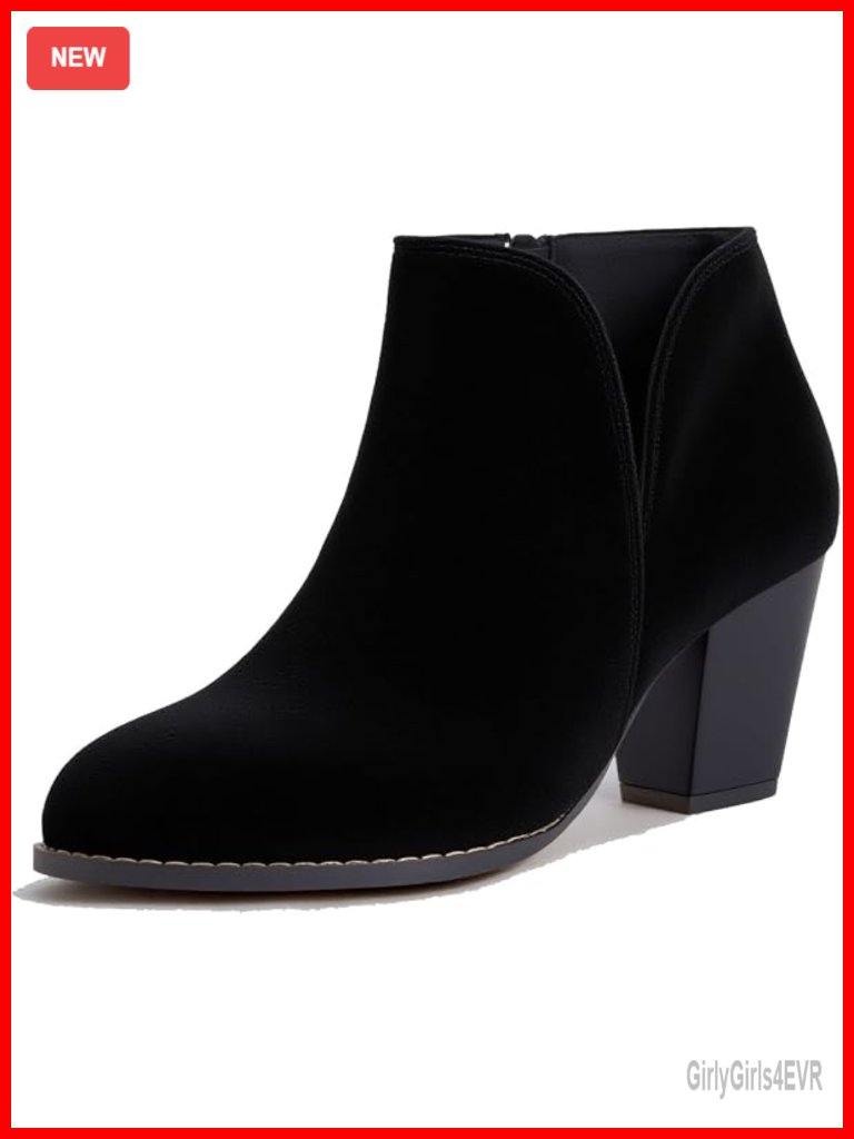 V Cut Chunky Heel Ankle Boots With Side Zipper Pointed Toe Faux Suede Block